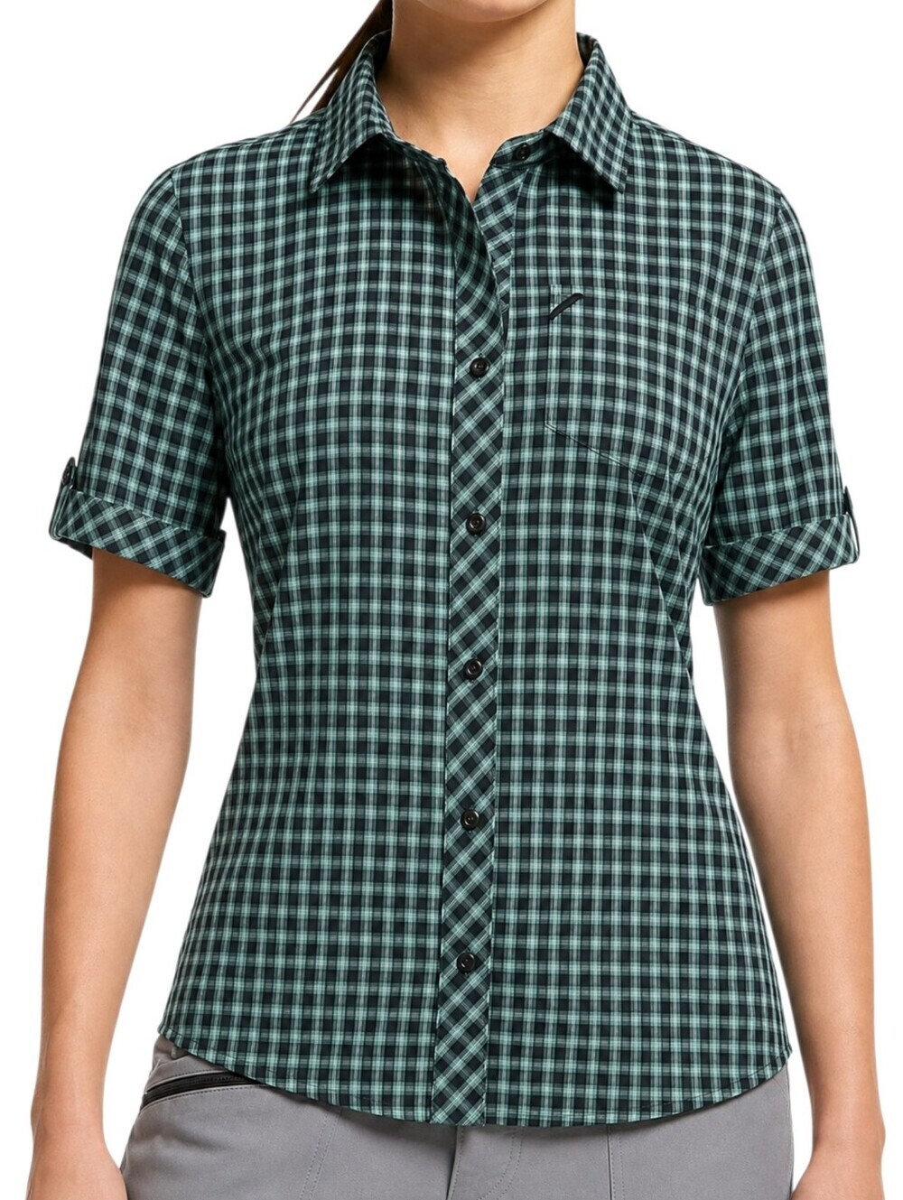 Icebreaker Terra SS Plaid Shirt Women Small Green Merino Wool Gorpcore